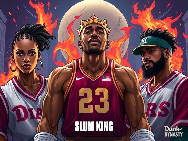 4v4 gameplay in Dunk Dynasty Slum King showing players in a crowded street court with spectators leaning out of windows